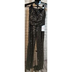 Crystal Sky Womens Black Sequin 2 Piece Set Lace Up Crop Top with Pants XS NWT